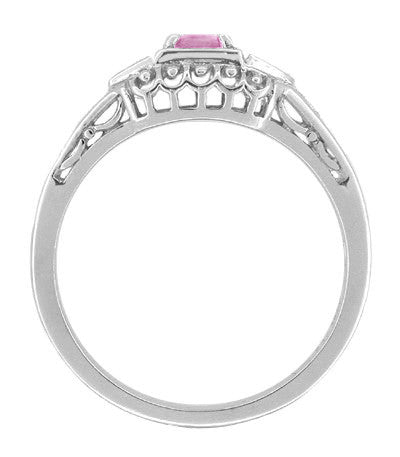 1920's Style Pink Sapphire and Diamonds Art Deco Filigree Engagement Ring in 14 Karat White Gold - Item: R228WPS - Image: 2