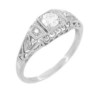 1920's Design White Sapphire Filigree Art Deco Engagement Ring in 14 Karat White Gold - alternate view