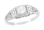 1920's Design White Sapphire Filigree Art Deco Engagement Ring in 14 Karat White Gold