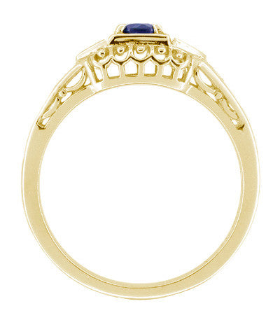 Dainty Filigree Art Deco Blue Sapphire and Side Diamond Engagement Ring in 14 Karat Yellow Gold - Item: R228Y - Image: 2