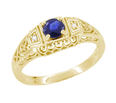 Dainty Filigree Art Deco Blue Sapphire and Side Diamond Engagement Ring in 14 Karat Yellow Gold