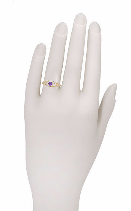 Art Deco Amethyst and Diamond Filigree Promise Ring in 14K Yellow Gold - Item: R228YAM - Image: 3