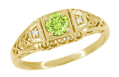 Petite Yellow Gold Art Deco Peridot and Diamond Filigree Ring