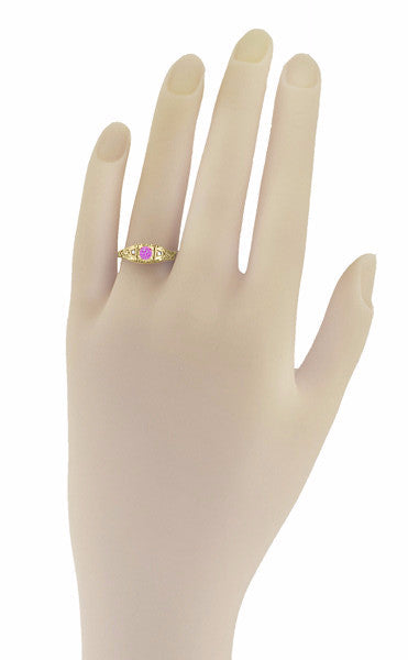 14 Karat Yellow Gold Art Deco Low Dome Filigree Pink Sapphire and Diamond Engagement Ring - Item: R228YPS - Image: 3