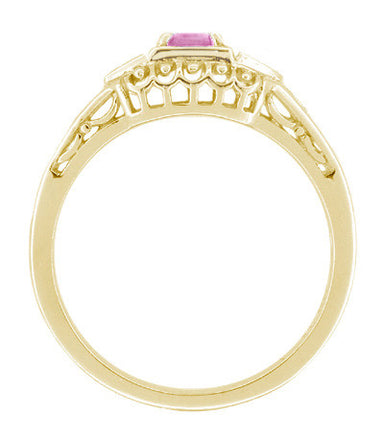 14 Karat Yellow Gold Art Deco Low Dome Filigree Pink Sapphire and Diamond Engagement Ring - alternate view