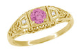 14 Karat Yellow Gold Art Deco Low Dome Filigree Pink Sapphire and Diamond Engagement Ring