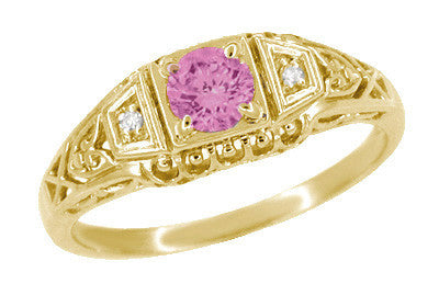 14 Karat Yellow Gold Art Deco Low Dome Filigree Pink Sapphire and Diamond Engagement Ring