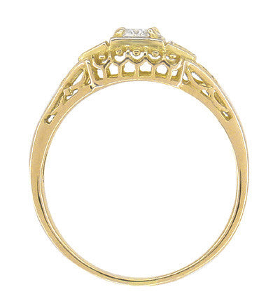 Art Deco Yellow Gold White Sapphires Filigree Low Dome Engagement Ring - Item: R228YWS - Image: 3