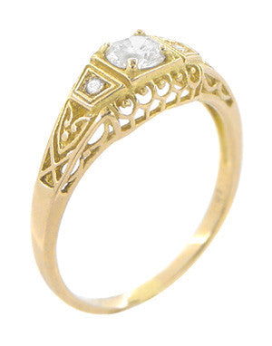 Art Deco Yellow Gold White Sapphires Filigree Low Dome Engagement Ring - Item: R228YWS - Image: 2