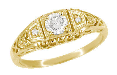 Art Deco Yellow Gold White Sapphires Filigree Low Dome Engagement Ring