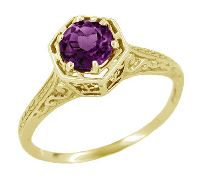 Yellow Gold 3/4 Carat Amethyst Soltiaire Antique Art Deco Engraved Hexagon Filigree Ring - R233Y