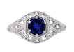 Edwardian Sapphire and Diamonds Scroll Dome Filigree Engagement Ring in Platinum