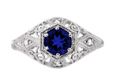 Edwardian Sapphire and Diamonds Scroll Dome Filigree Engagement Ring in Platinum - alternate view