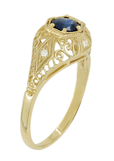 Edwardian Yellow Gold Blue Sapphire and Diamonds Scroll Dome Filigree Engagement Ring - Item: R234Y - Image: 3