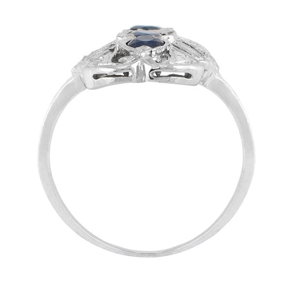 Art Deco Filigree Three Stone Blue Sapphires Cocktail Statement Ring in 14 Karat White Gold - Item: R235 - Image: 2