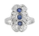 Art Deco Filigree Three Stone Blue Sapphires Cocktail Statement Ring in 14 Karat White Gold
