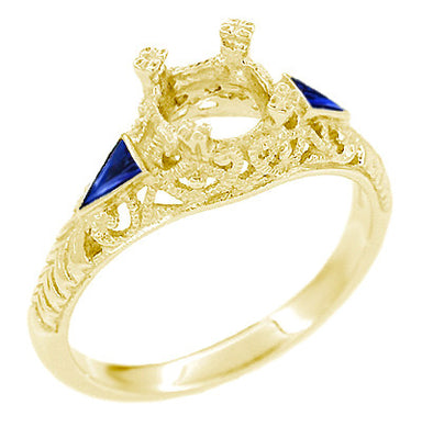 Art Deco 3/4 - 1 Carat Filigree Engagement Ring Setting in 14 Karat Yellow Gold with Blue Sapphire Side Stones