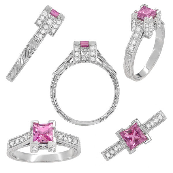 Art Deco Platinum 1/2 Carat Princess Cut Pink Sapphire and Diamonds Castle Engagement Ring - Item: R239PS - Image: 2