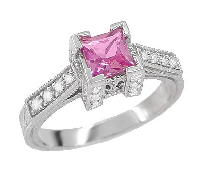 Art Deco Platinum 1/2 Carat Princess Cut Pink Sapphire and Diamonds Castle Engagement Ring