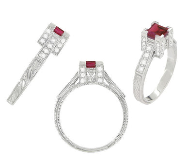 Platinum Art Deco 1/2 Carat Square Ruby and Diamond Castle Engagement Ring - alternate view