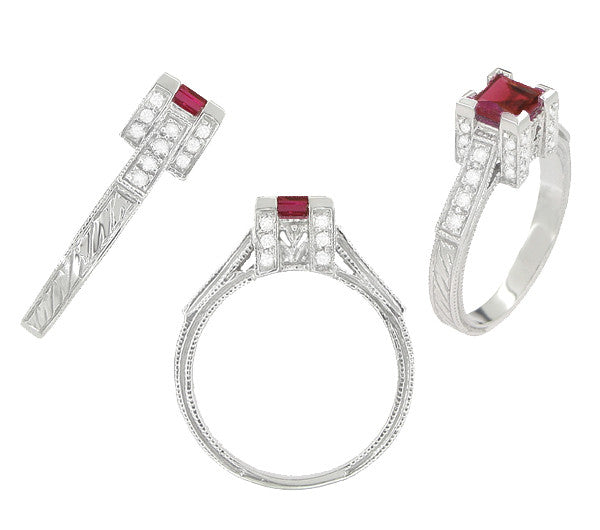Platinum Art Deco 1/2 Carat Square Ruby and Diamond Castle Engagement Ring - Item: R239RU - Image: 2
