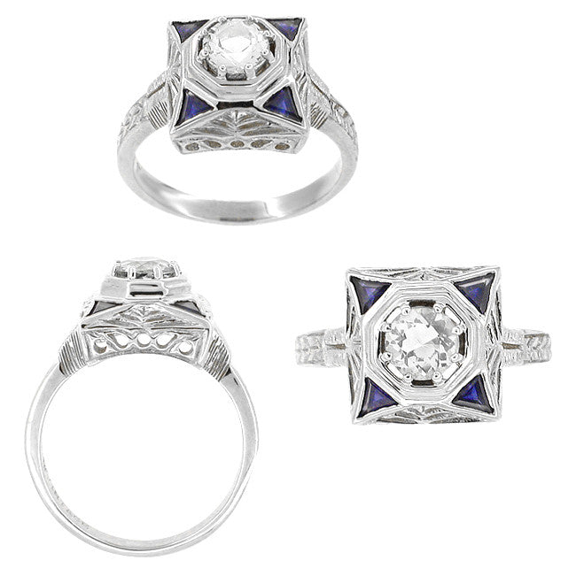 Art Deco Filigree Sapphires 1/2 Carat Engagement Ring Setting in 14 Karat White Gold - Item: R277 - Image: 2