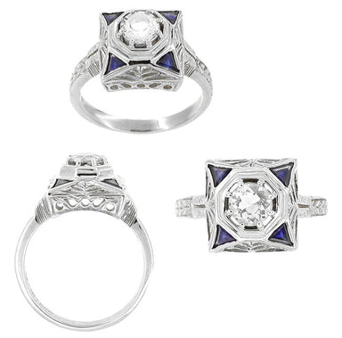 Art Deco Filigree Triangle Sapphires 1/2 Carat Diamond Engagement Ring in 14 Karat White Gold - alternate view