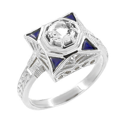 Art Deco Filigree Triangle Sapphires 1/2 Carat Diamond Engagement