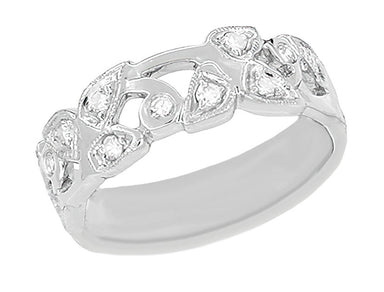 Retro Moderne Vintage Leaves Filigree Wedding Band with Diamonds 6.5mm Wide - 14K or 18K White Gold - R278W