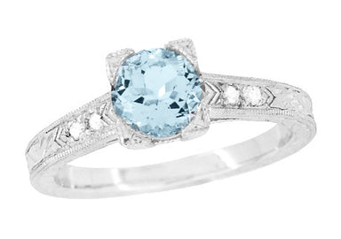 Art Deco 1 Carat Aquamarine and Diamonds Engraved Engagement Ring in Platinum
