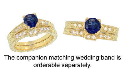 Art Deco Blue Sapphire and Diamonds Engraved Engagement Ring in 18 Karat Yellow Gold - Item: R283Y - Image: 4
