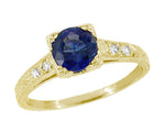 Art Deco Blue Sapphire Engraved Engagement Ring with Side Diamonds in Yellow Gold - Fishtail Setting
