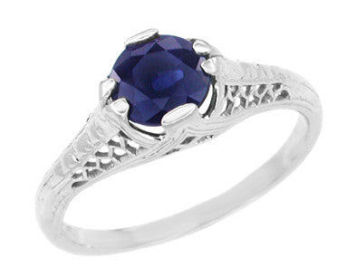 Honey Comb Filigree Blue Sapphire Art Deco Engagement Ring in 14 Karat White Gold - Item: R285W - Image: 2