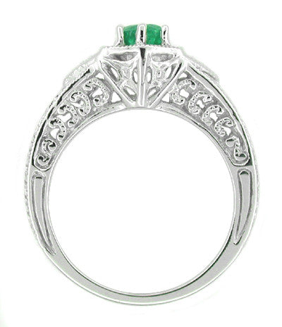 Art Deco Emerald and Diamond Filigree Engraved Engagement Ring in Platinum - Item: R288P - Image: 2