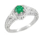 Platinum Art Deco Filigree Engraved Vintage Emerald Engagement Ring with Side Diamonds - R288P