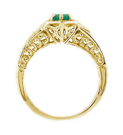 Yellow Gold Art Deco Filigree Engraved Emerald and Diamond Engagement Ring - Item: R288Y - Image: 2