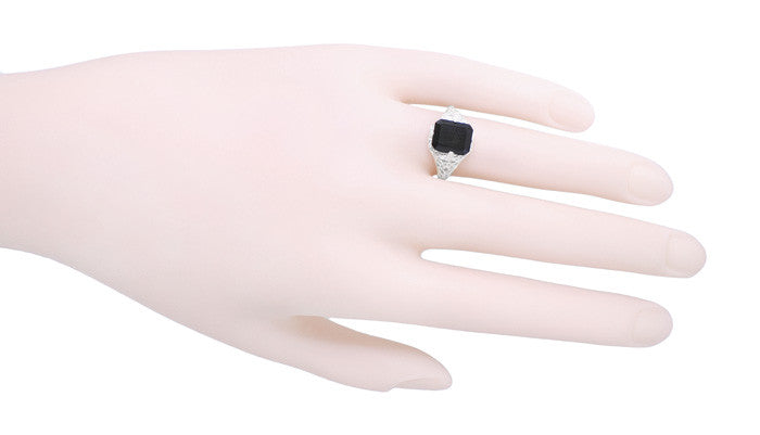 Art Deco Black Onyx Filigree Ring in 14 Karat White Gold - Item: R289on - Image: 3