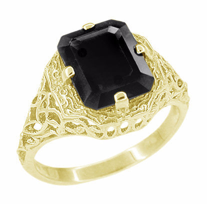 Yellow Gold Art Deco Filigree Vintage Rectangular Emerald Cut Black Onyx Ring - R289Yon