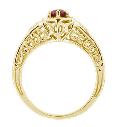 Yellow Gold Art Deco Filigree Hexagon Ruby Engagement Ring with Side Diamonds - alternate view