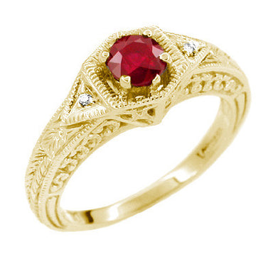 Yellow Gold Art Deco Filigree Hexagon Ruby Engagement Ring with Side Diamonds