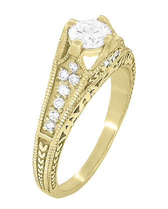 Belnord 18 Karat Yellow Gold Engraved Art Deco Filigree Diamond Engagement Ring