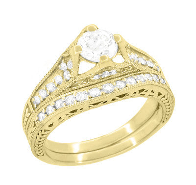 Belnord 18 Karat Yellow Gold Engraved Art Deco Filigree Diamond Engagement Ring - Item: R296Y50D - Image: 5