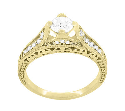 Belnord 18 Karat Yellow Gold Engraved Art Deco Filigree Diamond Engagement Ring - Item: R296Y50D - Image: 3