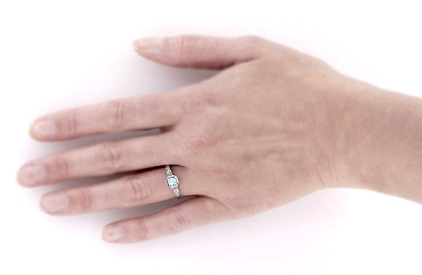 Art Deco Filigree Aquamarine and Diamond Engagement Ring in Platinum - Item: R298PA - Image: 3
