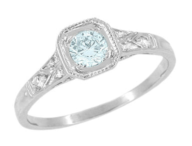 Platinum Low Profile Vintage Aquamarine Engagement Ring with Side Diamonds - Filigree 1930s Design - R298PA