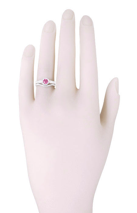 Art Deco Square Frame Filigree Natural Pink Sapphire Engagement Ring in White Gold - Item: R298W14PS - Image: 4