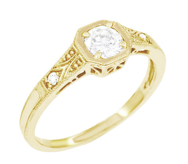 Yellow Gold 1930's Art Deco Filigree Low Profile Diamond Engagement Ring - alternate view