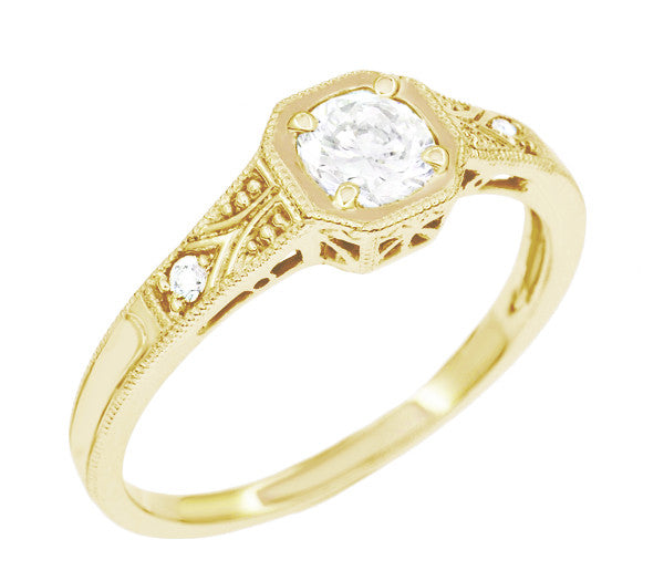 Yellow Gold 1930's Art Deco Filigree Low Profile Diamond Engagement Ring - Item: R298YD14K-LC - Image: 2