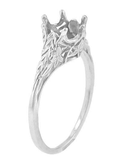 Engraved Sides and Filigree Cut Out Leaves on Art Deco Solitaire Crown Antique Ring Setting for a 3/4 Carat Diamond in White Gold - R299