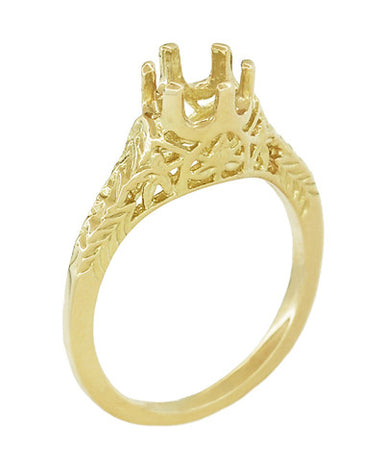 Art Deco Yellow Gold 3/4 - 1 Carat Crown of Leaves Filigree Engagement Ring Setting